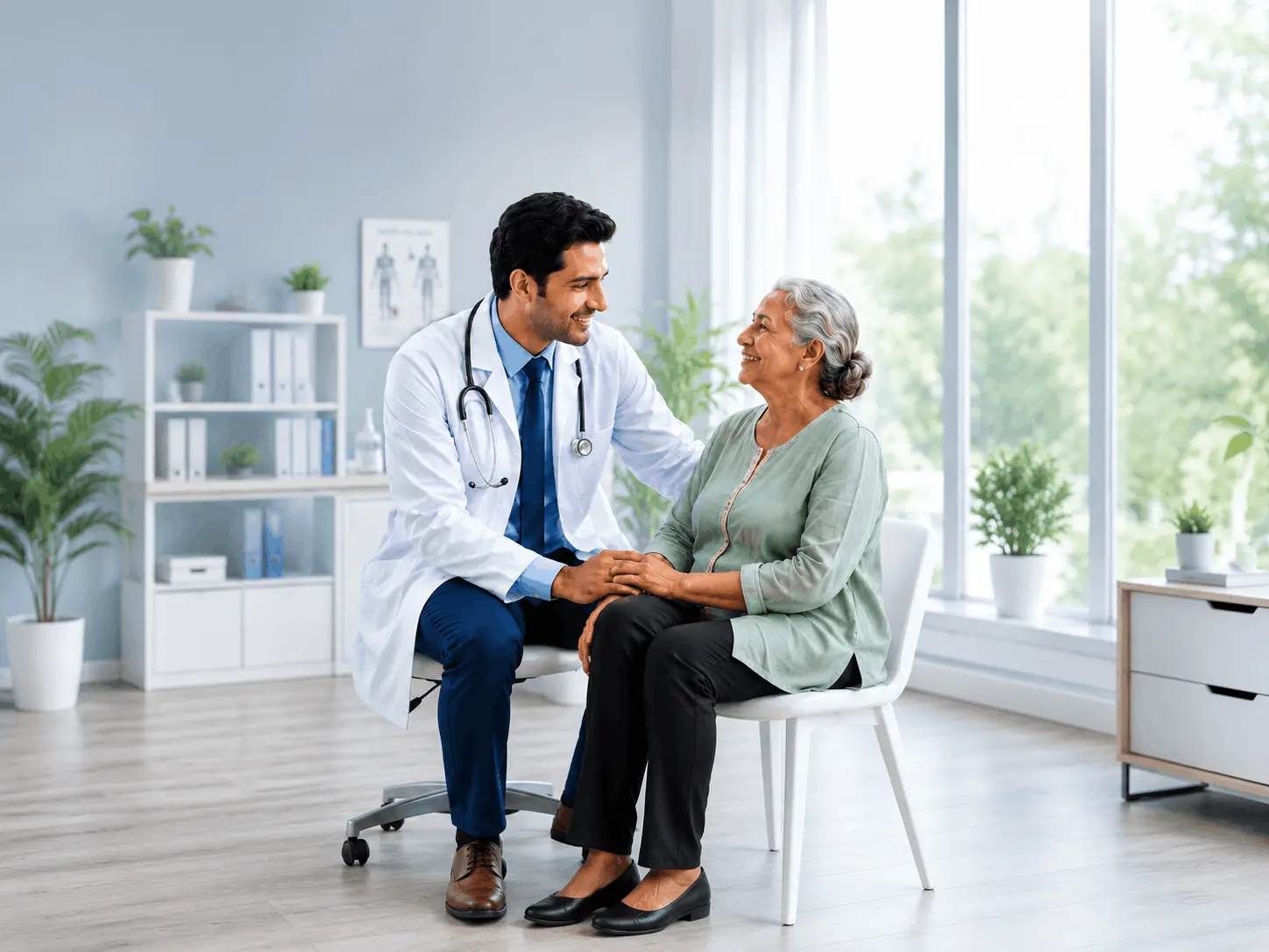 A Sri Lankan doctor discussing care with an elderly patient